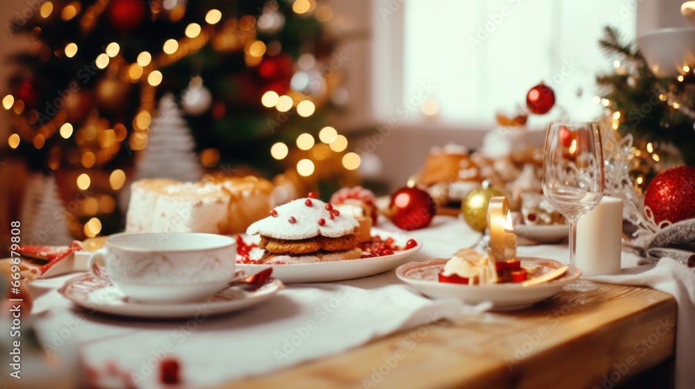  Brunch Table Setting with Christmas Baubles, Cutlery and Greeting Card on Black Background