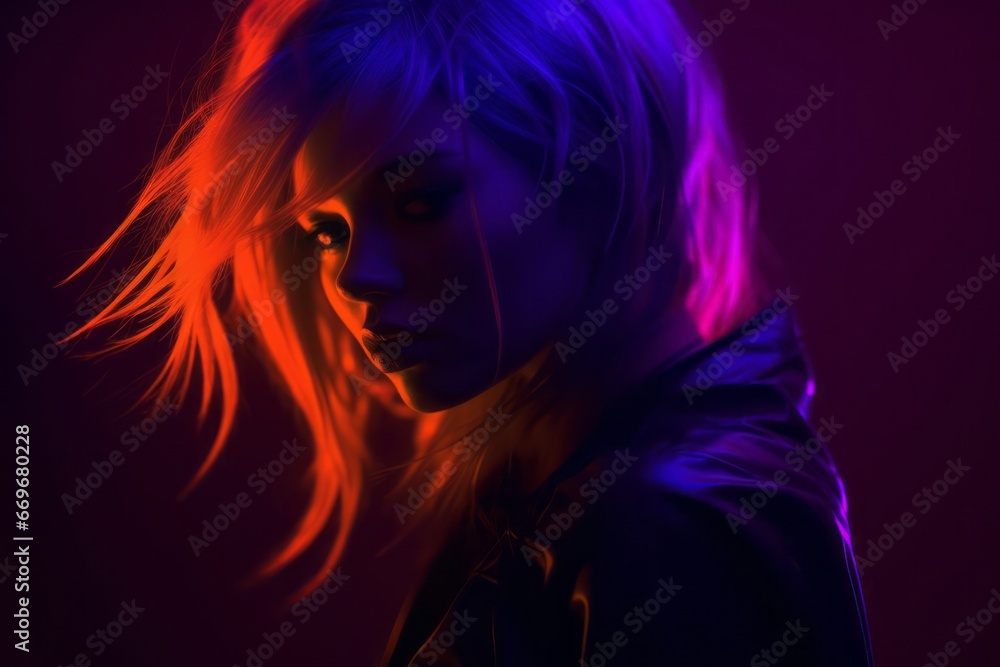 Silhouette of a girl, neon lights, dark blue purple and orange highlights, rim light