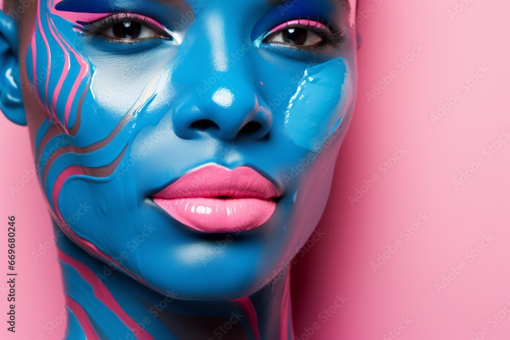 Close up portrait of a woman with makeup and blue painted face. Minimal concept. Pink background with copy space.