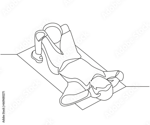 Crunch - Squeezing a Ball between legs exercise Line Drawing isolated on copy space white background, Reverse Crunch with Ball exercise editable vector illustration, Continuous one line drawing 