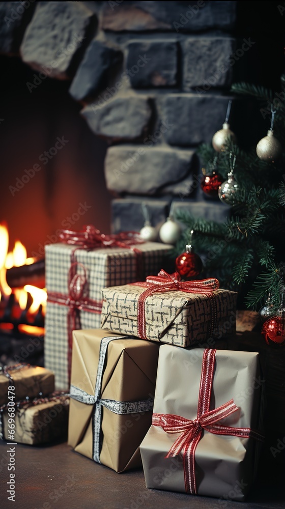 The Christmas tree is surrounded by presents wrapped in festive paper twinkling lights and colorful ornaments The Christmas tree is surrounded by presents wrapped in festive paper twinkling lights and colorful ornaments