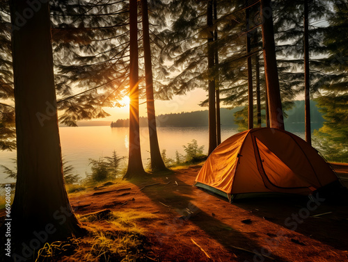 Camping with friends near lake and mountain, camping tent setup near river or mountain on afternoon or morning, hiking and camping on hill-side, enjoying vacation on camping, ai generated