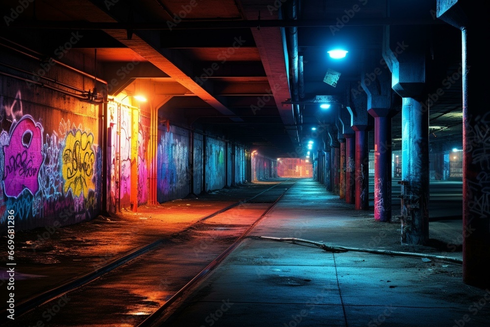 Bright lights in a dim tunnel, walls of concrete and metal structures. Generative AI