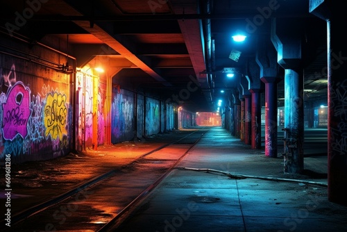 Bright lights in a dim tunnel, walls of concrete and metal structures. Generative AI