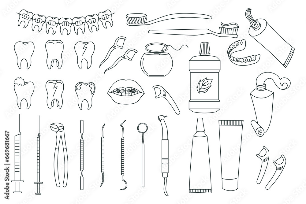 Dental icons set, dentistry symbols collection. Sketches, logo illustrations, dental clinic linear signs pack. Vector