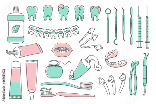 Dental icons set, dentistry symbols collection. Sketches with color, logo illustrations, dental clinic linear signs set