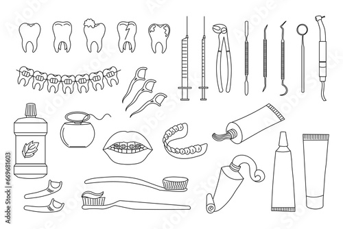 Dental icons set, dentistry symbols collection. Sketches, logo illustrations, dental clinic linear signs pack. Vector