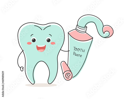 Healthy tooth kawaii character with toothpaste and toothbrush, cute cartoon character. Dental care. Illustration, icon, vector