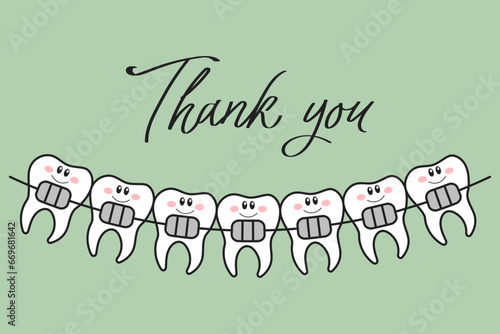 Cartoon kawaii teeth characters with braces and lettering Thank you. Cartoon doodle illustration. Dental care. Logo, icon, vector