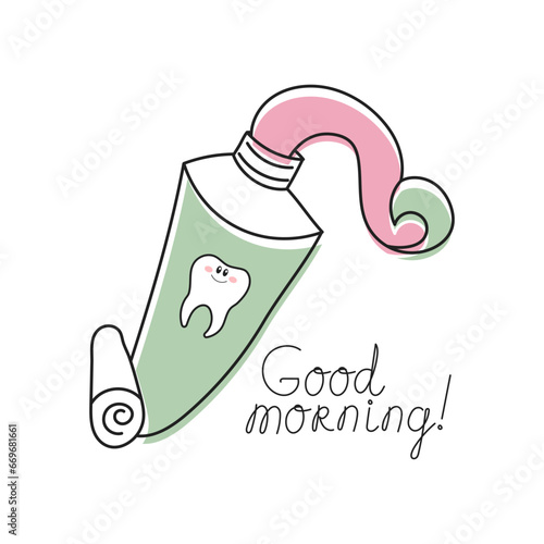 Tube of toothpaste, tooth and lettering Good morning. Cartoon doodle illustration. Dental care. Logo, icon, vector