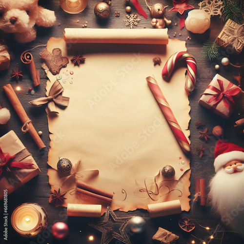 Blank scroll (parchment) with copy space, in a Christmas and Santa Claus theme, for a recipe or as a letter to santa reply