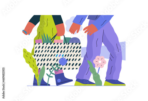 Mutual Support: Picking Up the Dropped Item -modern flat vector concept illustration of a woman carrying shopping bag being assisted by man. Metaphor of voluntary, collaborative exchanges of services