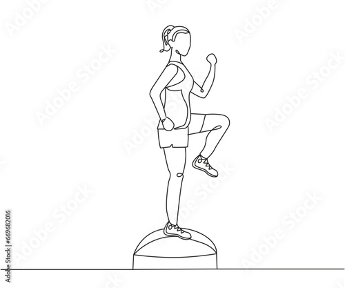 Bosu single leg balance exercise Line Drawing isolated on copy space white background, Bosu Single Leg Stance exercise editable vector illustration, Continuous one line drawing, work out clip art