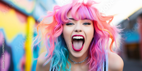 screaming asian girl with colorful hair