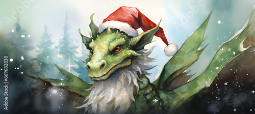 Watercolor illustration of dragon on Christmas background, according to the Chinese calendar, New Year 2024 is under the auspices of the Dragon.
