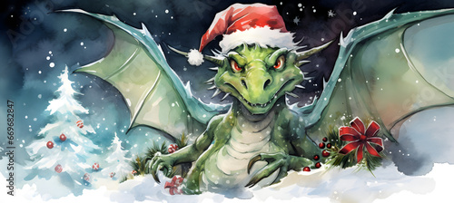 Watercolor illustration of dragon on Christmas background, according to the Chinese calendar, New Year 2024 is under the auspices of the Dragon.