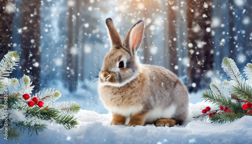 cute rabbit or hare against snowy winter forest background holiday christmas and new year greeting card concept