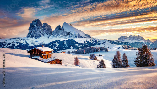untouched winter landscape calm sunrise in alpe di siusi village snowy outdoor scene of dolomite alps ityaly europe beauty of nature concept background photo