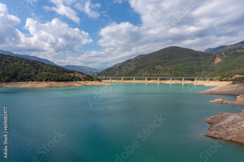 Pantà de la Baells, low water level, spring 2022 @ Berguedà, Catalonia, Spain.