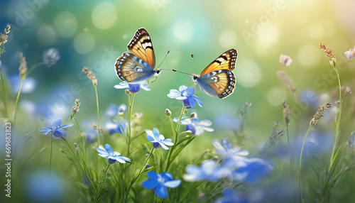 a beautiful summer or spring meadow with two flying butterflies and blue flowers of forget me nots selective focus shallow depth of field illustration