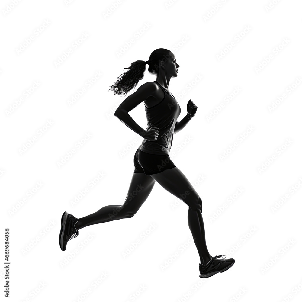 Sporty woman runner in silhouette on transparent background PNG