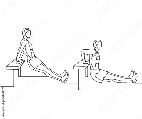 Triceps Dips exercise Line Drawing isolated on copy space white background, triceps dips on bench exercise editable vector illustration, Continuous one line drawing, exercise line art illustration