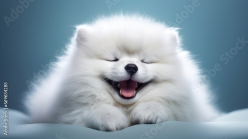 Cute smiling white dog on a blue background. © Лариса Люндовская