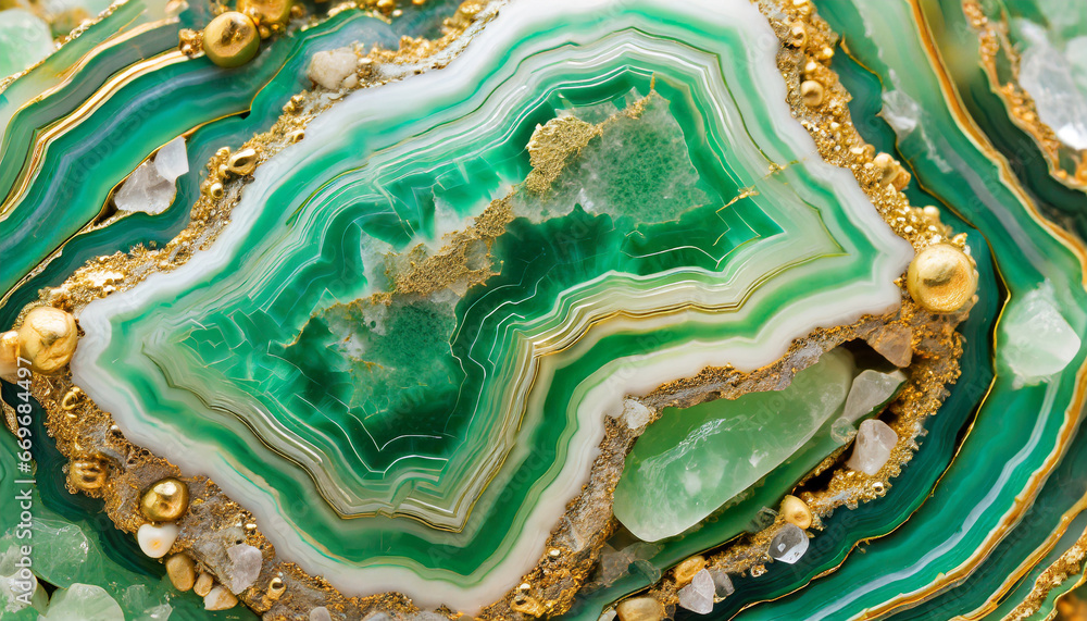 green and gold agate gemstone crystal geode closeup macro