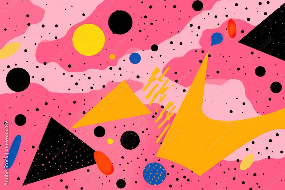 Colorful bright cartoon background. Trendy texture design with basic shapes. Abstract neon pattern with geometric shape, line and dot in trendy retro memphis animation 80s 90s style Colorful bright cartoon background. Trendy texture design with basic shapes. Abstract neon pattern with geometric shape, line and dot in trendy retro memphis animation 80s 90s style