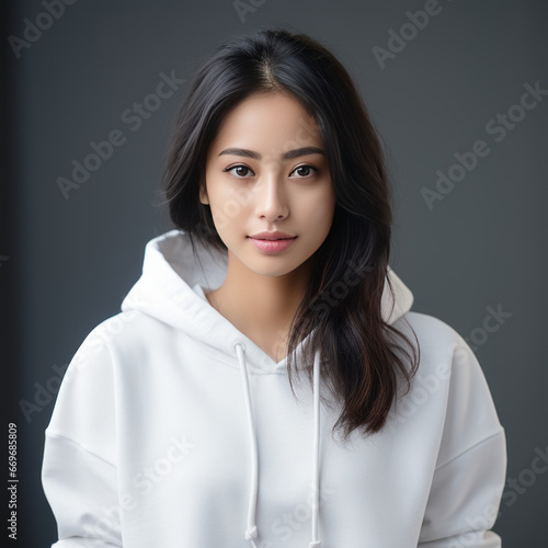 Asian girl with long straight hair in a white hoodie on a neutral background.