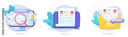 Job search, search vacancy online, create and send resume. Employees looking for job. 3d icon set for landing page. Three dimensional vector illustration collection for website, print, banner