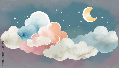 watercolor style clouds with moon pastel colors nursery baby born design generative ai