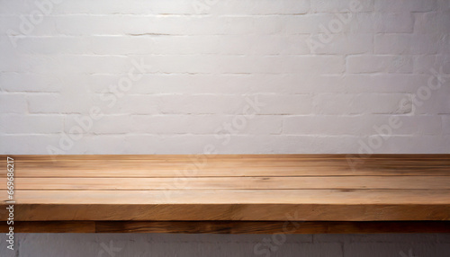 empty wooden table top on white wall background for product display high quality photo