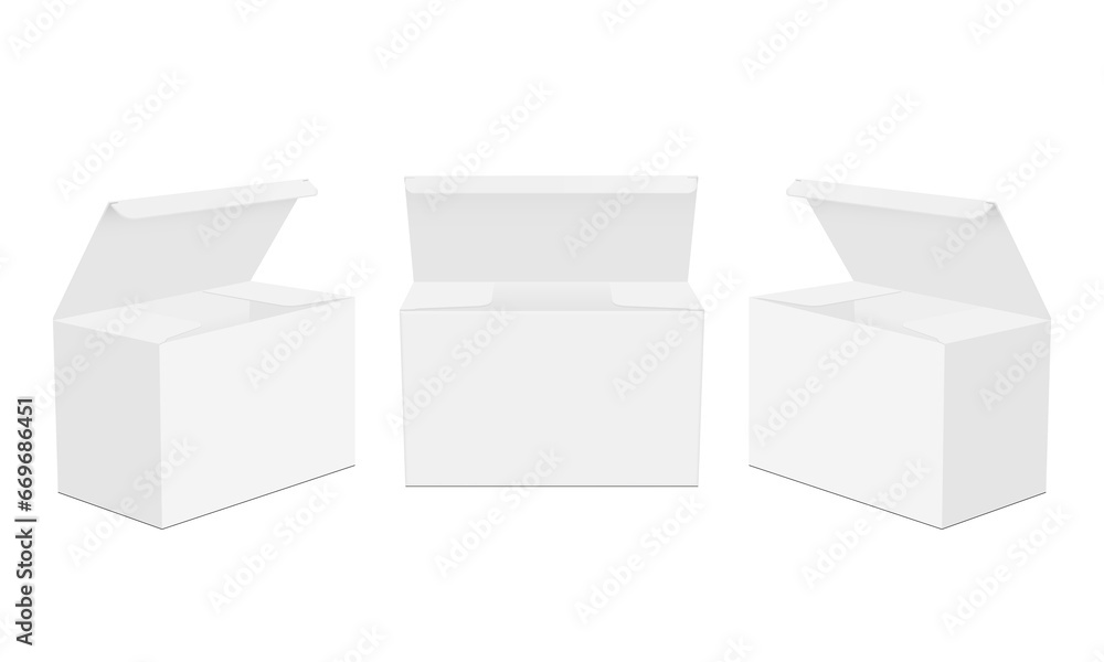 Set Of Blank Cosmetic Or Medical Product Boxes With Opened Lid, Isolated On White Background, Isolated On White Background. Vector Illustration Set Of Blank Cosmetic Or Medical Product Boxes With Opened Lid, Isolated On White Background, Isolated On White Background. Vector Illustration