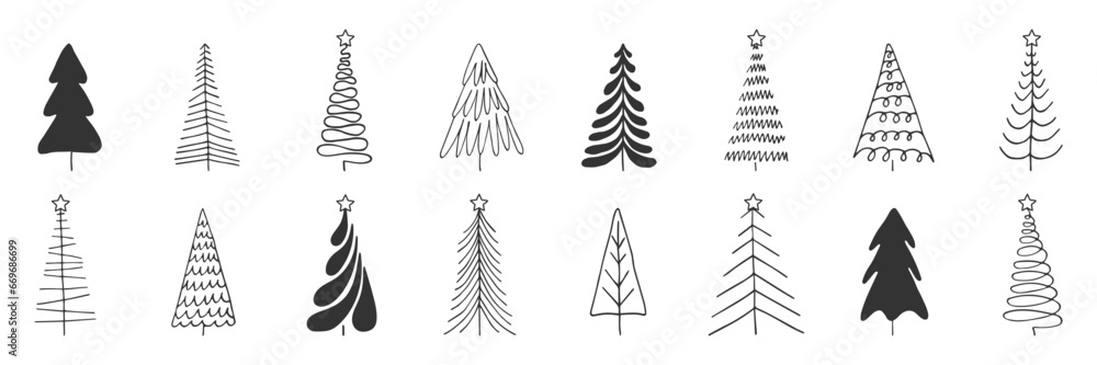 Doodle spruce pine fir tree black line drawn isolated on white. Abstract sketch drawn minimalist Christmas tree collection. Winter Xmas holiday symbol. Festive Design element