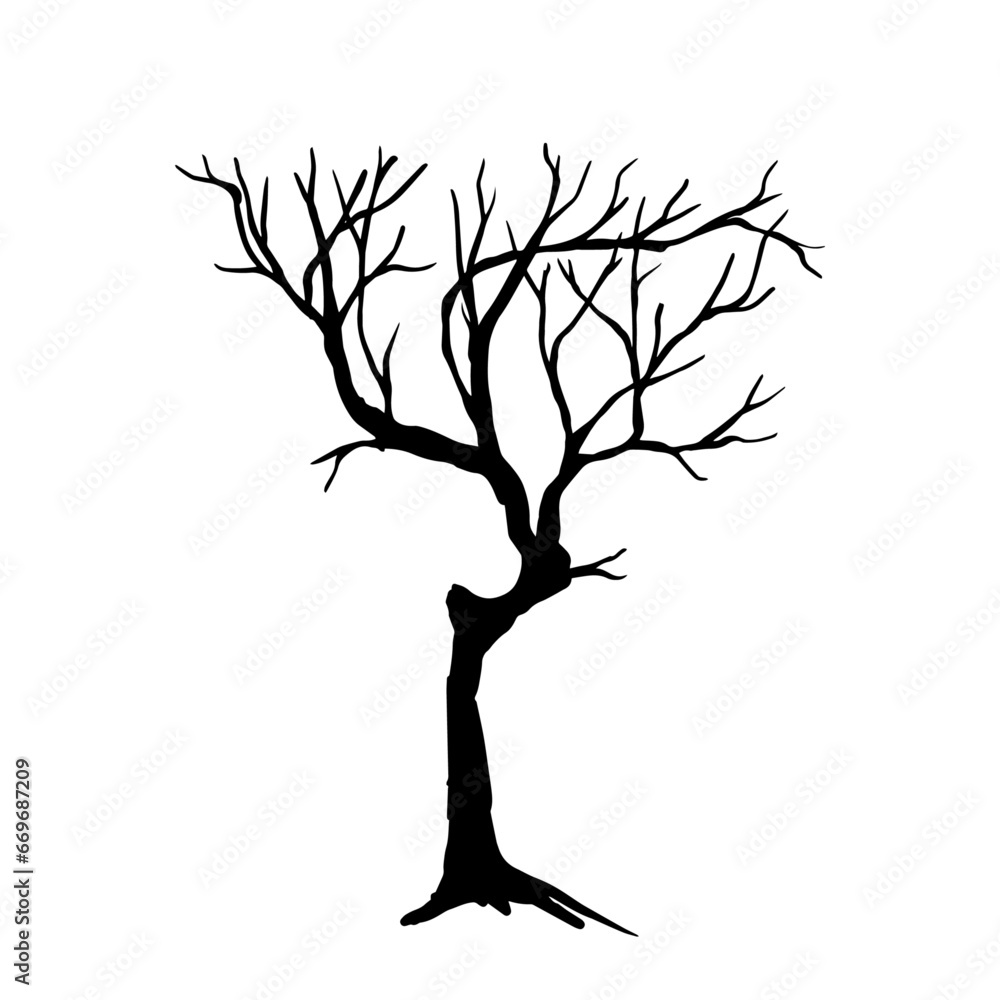 Silhouette of a dry branchy tree. Vector graphics.