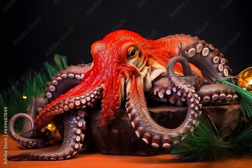 An octopus in a Christmas setup. Studio portrait, winter festive season template. An octopus in a Christmas setup. Studio portrait, winter festive season template.