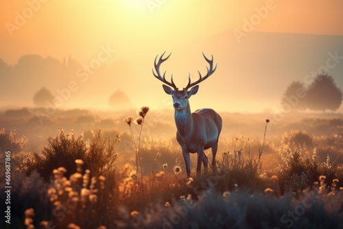 Red deer stag in the autumn forest. Noble deer male. Beautiful animal in the nature habitat. Wildlife scene, wild nature landscape. Wallpaper, beautiful fall background with copy space