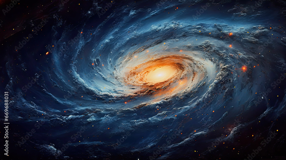 illustration of a starry spiral galaxy in blue orange color