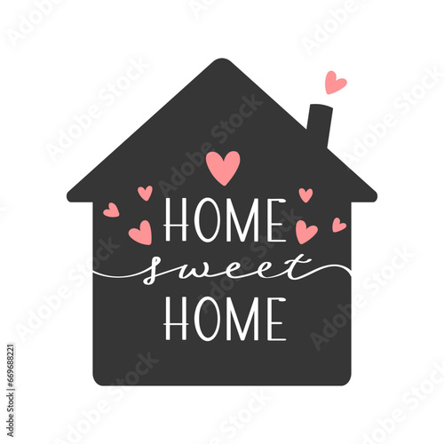 Home sweet home lettering in the shape of a home. Calligraphic inscription, slogan, quote, phrase. Inspirational card, poster, typography design
