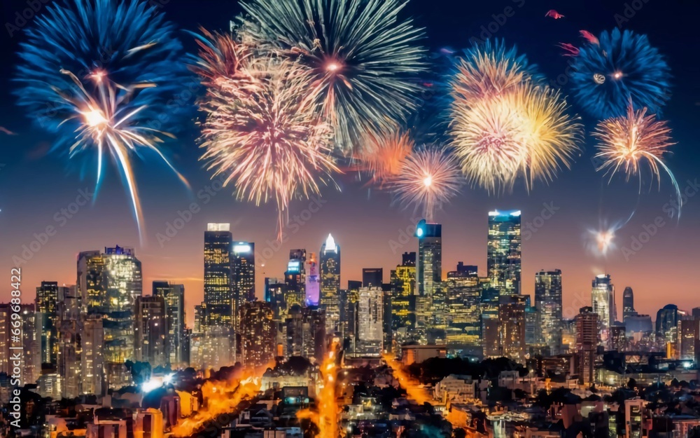 Fototapeta premium New Year's Spectacular: Witness the Dazzling Grandeur of Cityscape Fireworks!