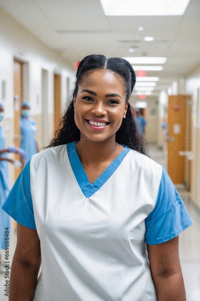 Nurse(s) standing inside a hospital hallway