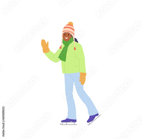 Preteen girl child cartoon character enjoying ice skating during winter holiday vacation time