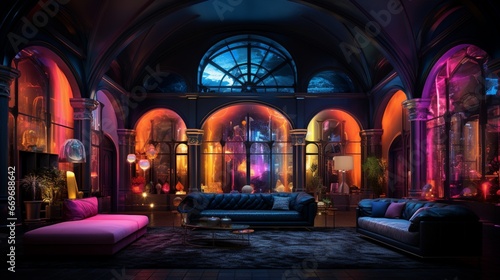 A bedroom with multiple neon colors illuminating various architectural elements like arches and alcoves.