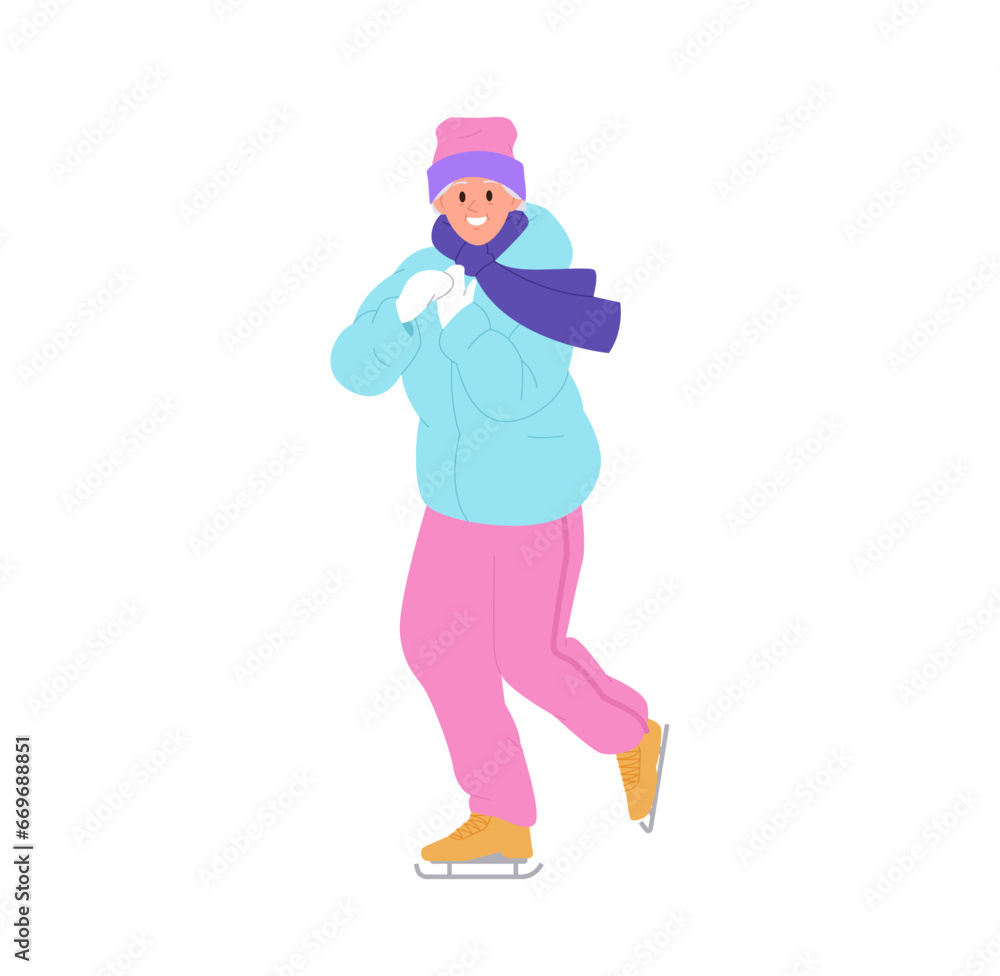 Happy smiling teenager boy cartoon character in warm clothes ice skating vector illustration Happy smiling teenager boy cartoon character in warm clothes ice skating vector illustration
