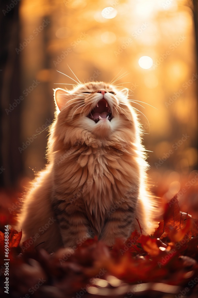 Angry wild fluffy orange cat hisses. Pet walking outdoor in autumn forest at sunset. Golden and yellow fallen leaves