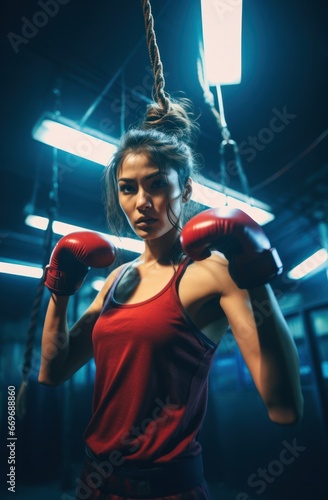Portrait of female boxer wearing gloves and preparing for boxing training at gym. Fitness young woman with muscular body