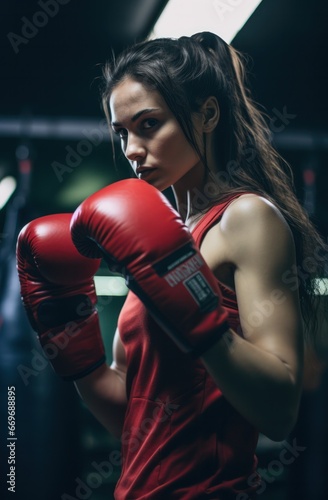 Portrait of female boxer wearing gloves and preparing for boxing training at gym. Fitness young woman with muscular body