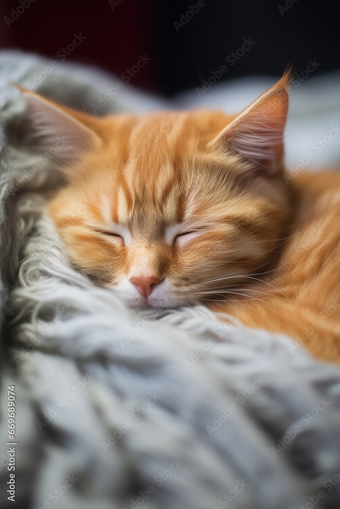Ginger tabby cat sleeping on bed. Happy cute kitten resting at home. Adorable pet sleep on cozy gray plaid. Bright room, light pastel colors. Lazy sunny mourning concept	