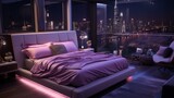 A bedroom with neon lights embedded in the ceiling, casting a soft glow over a stylish bedspread.
